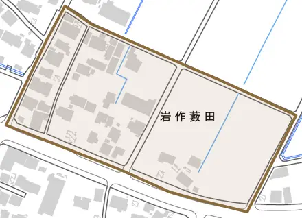 岩作籔田とその周辺の地図。町の範囲を重ねている