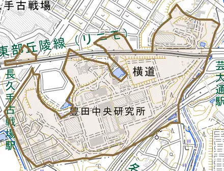 横道とその周辺の地図。町の範囲を重ねている