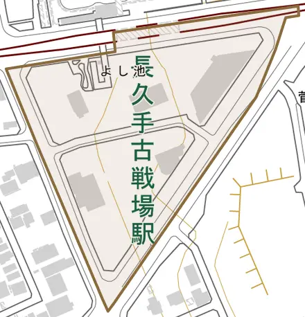 よし池とその周辺の地図。町の範囲を重ねている