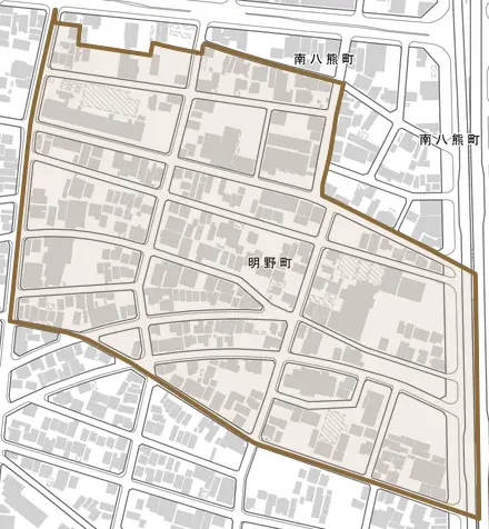 明野町とその周辺の地図。町の範囲を重ねている