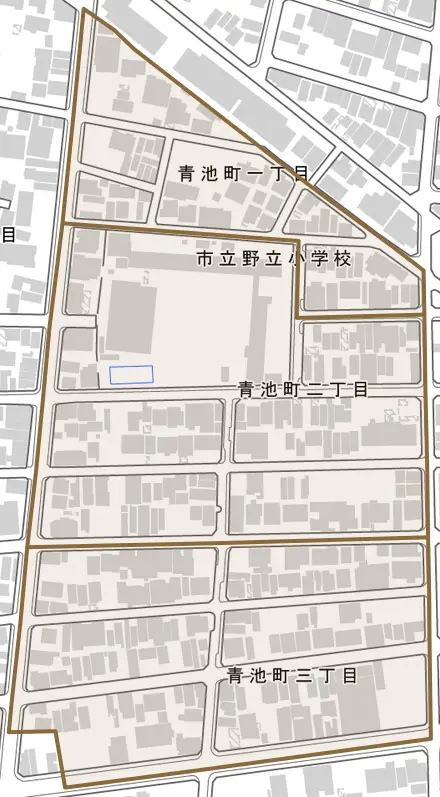 青池町とその周辺の地図。町の範囲を重ねている