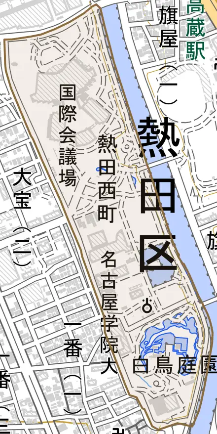 熱田西町とその周辺の地図。町の範囲を重ねている
