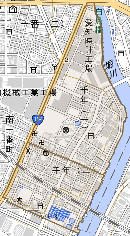 千年とその周辺の地図。町の範囲を重ねている