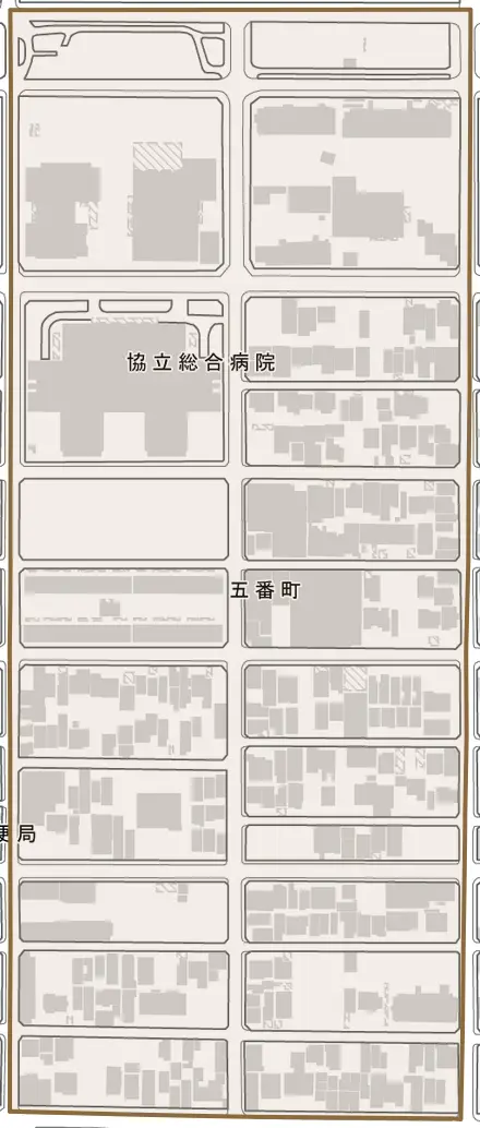 五番町とその周辺の地図。町の範囲を重ねている