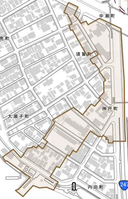 神戸町とその周辺の地図。町の範囲を重ねている