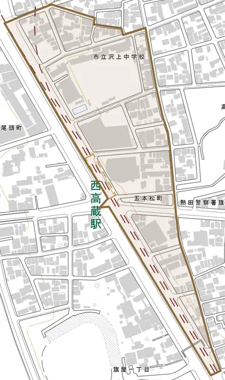 五本松町とその周辺の地図。町の範囲を重ねている