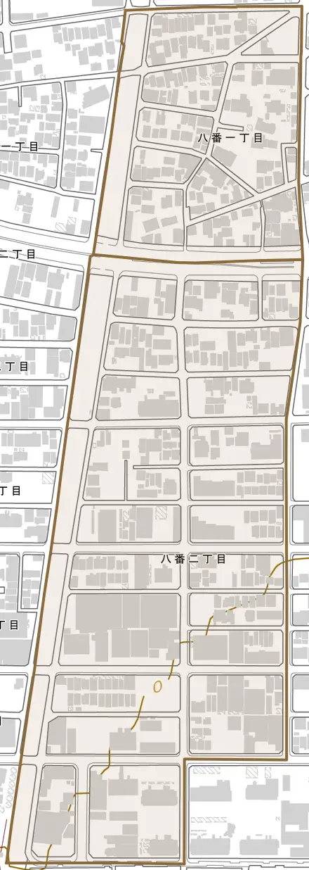 八番とその周辺の地図。町の範囲を重ねている