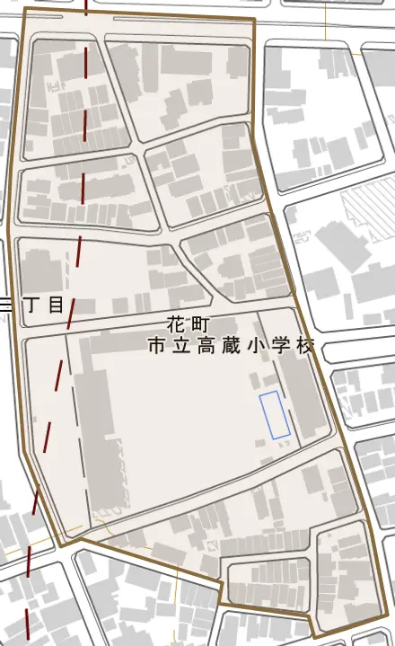 花町とその周辺の地図。町の範囲を重ねている