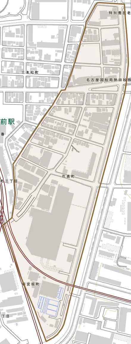 花表町とその周辺の地図。町の範囲を重ねている
