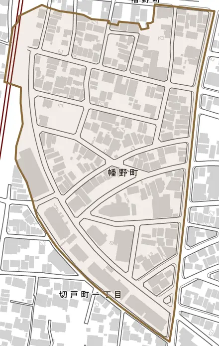 幡野町とその周辺の地図。町の範囲を重ねている