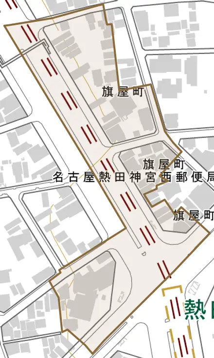 旗屋町とその周辺の地図。町の範囲を重ねている