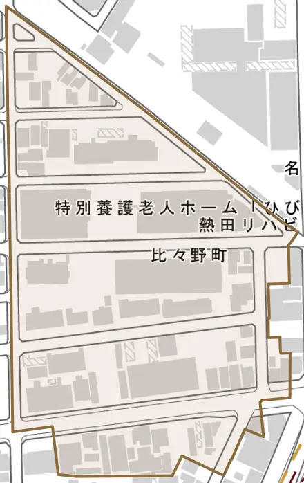 比々野町とその周辺の地図。町の範囲を重ねている