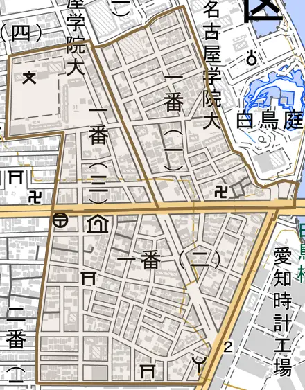 一番とその周辺の地図。町の範囲を重ねている