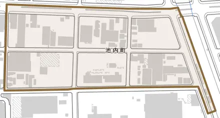 池内町とその周辺の地図。町の範囲を重ねている