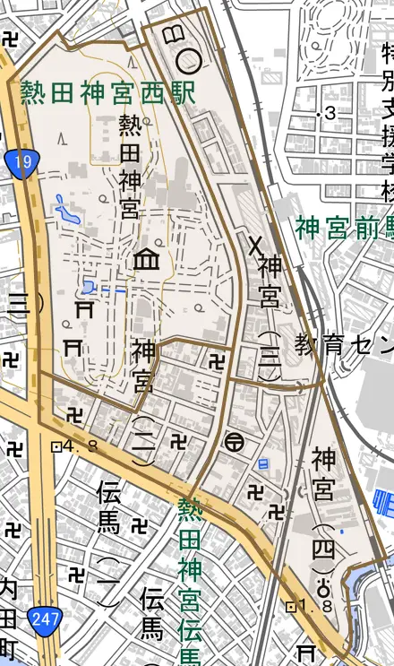 神宮とその周辺の地図。町の範囲を重ねている