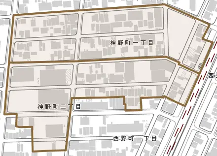神野町とその周辺の地図。町の範囲を重ねている