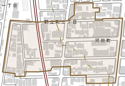 河田町とその周辺の地図。町の範囲を重ねている