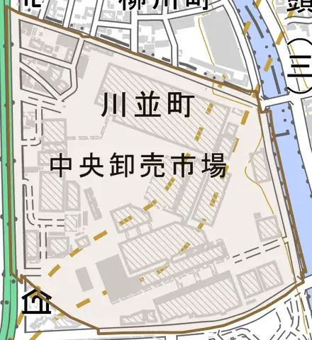 川並町とその周辺の地図。町の範囲を重ねている