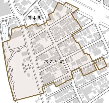 木之免町とその周辺の地図。町の範囲を重ねている