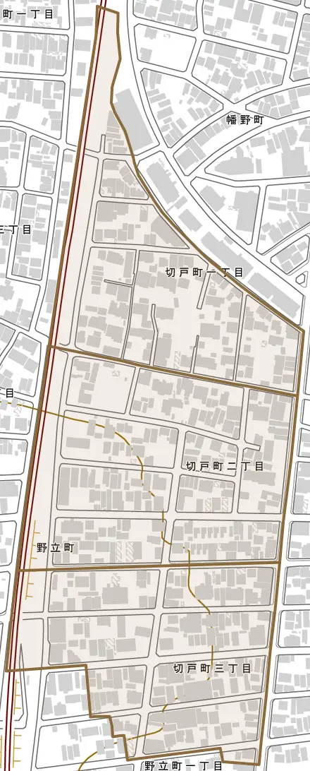切戸町とその周辺の地図。町の範囲を重ねている