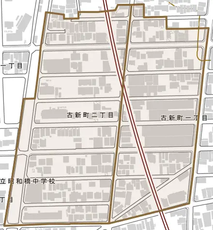 古新町とその周辺の地図。町の範囲を重ねている