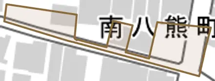 南八熊町とその周辺の地図。町の範囲を重ねている