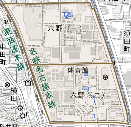 六野とその周辺の地図。町の範囲を重ねている