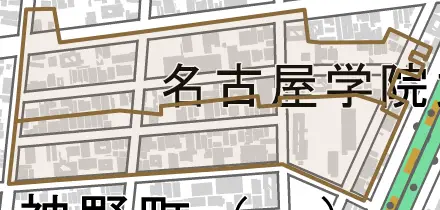 中出町とその周辺の地図。町の範囲を重ねている