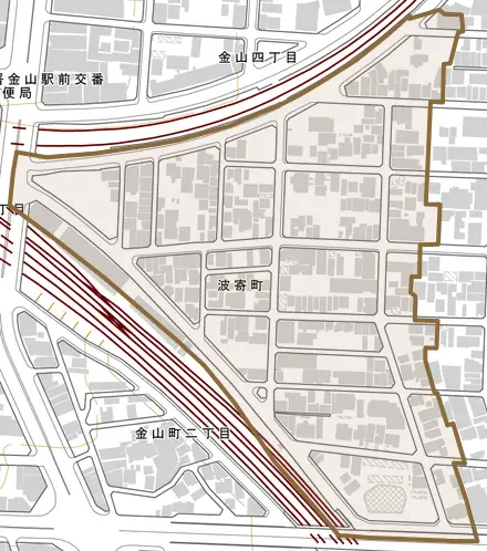 波寄町とその周辺の地図。町の範囲を重ねている