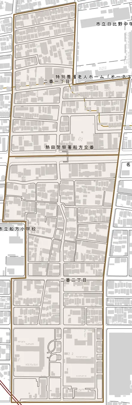 二番とその周辺の地図。町の範囲を重ねている