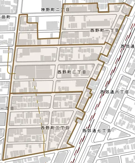 西野町とその周辺の地図。町の範囲を重ねている