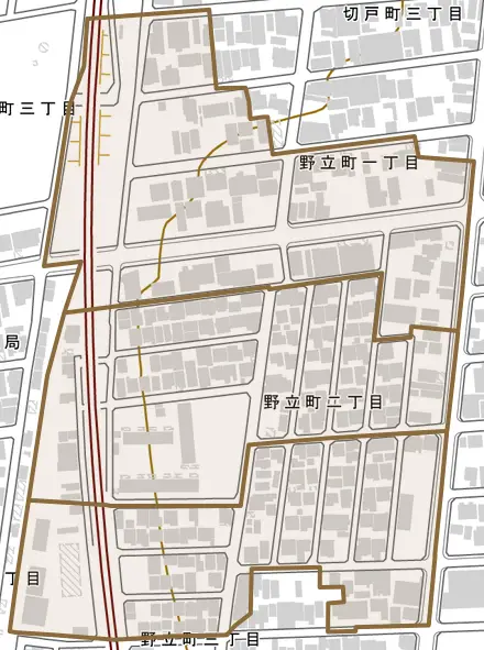 野立町とその周辺の地図。町の範囲を重ねている