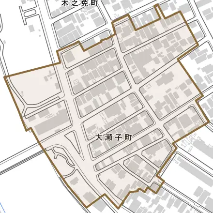 大瀬子町とその周辺の地図。町の範囲を重ねている