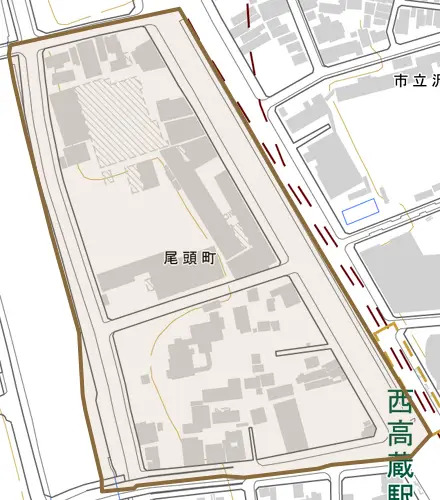 尾頭町とその周辺の地図。町の範囲を重ねている