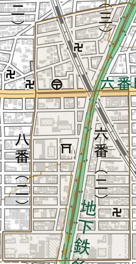 六番とその周辺の地図。町の範囲を重ねている