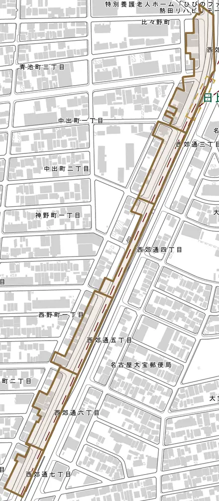 西郊通とその周辺の地図。町の範囲を重ねている