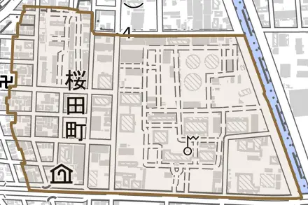 桜田町とその周辺の地図。町の範囲を重ねている