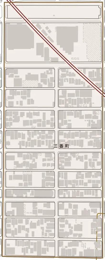 三番町とその周辺の地図。町の範囲を重ねている