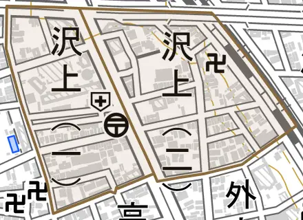 沢上とその周辺の地図。町の範囲を重ねている