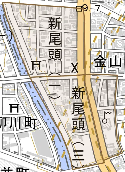 新尾頭とその周辺の地図。町の範囲を重ねている