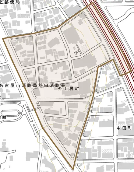 外土居町とその周辺の地図。町の範囲を重ねている