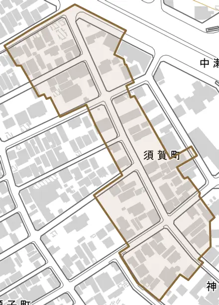 須賀町とその周辺の地図。町の範囲を重ねている