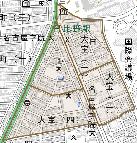 大宝とその周辺の地図。町の範囲を重ねている