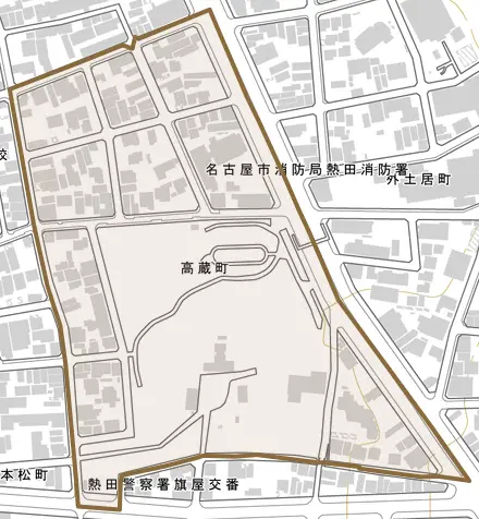 高蔵町とその周辺の地図。町の範囲を重ねている