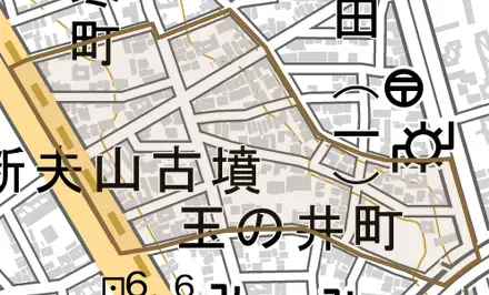 玉の井町とその周辺の地図。町の範囲を重ねている