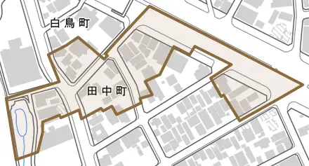 田中町とその周辺の地図。町の範囲を重ねている