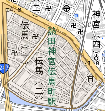 伝馬とその周辺の地図。町の範囲を重ねている