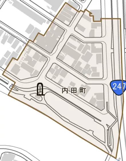 内田町とその周辺の地図。町の範囲を重ねている