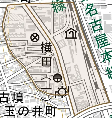 横田とその周辺の地図。町の範囲を重ねている