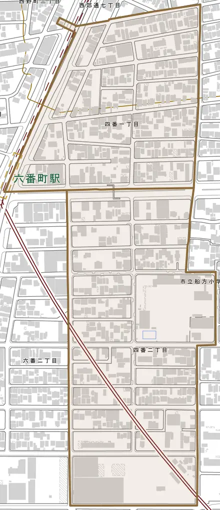 四番とその周辺の地図。町の範囲を重ねている